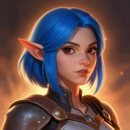 illustrated realistic tilted head portrait female prong-horned kobold with blue bob hair and solid dark eyes wearing strap leather armor, orange glow, backlit by rossdraws
