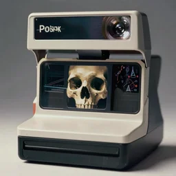 old polaroid of a deformed vhs footage of a skull