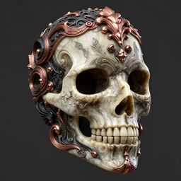 intricate death mask carved from ivory and black resin and copper, elaborate highly detailed design, sculpted in zbrush, octane render, substance painter materials, unreal engine 5 nanite, 8 k, cgsociety, artstation