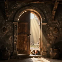 A door with a sleeping person hangs on loops, medieval style, dramatic lighting