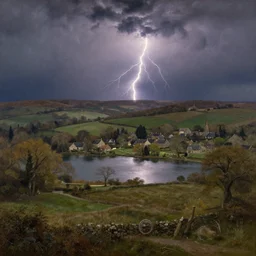 portrait of a town by a lake, countryside, victorian, fantasy, cinematic lightning, realistic, highly detailed, painting by henry h parker