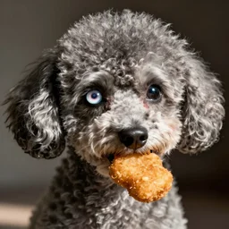 old grey hairless skinny miniature toy poodle with Lenticular Sclerosis in one eye and a chicken nugget, closeup, macro; cute