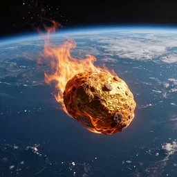 a flaming golden turd asteroid flying through space burning hitting earth's atmosphere, photograph from space, planet earth extinction event