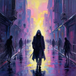 Heartbroken wandering mage-duelist on the endlessly long and rainy cosmic city streets. Shadow creatures lurking in the alleys. A concept of Melancholic Euphoric heartshine in the crush of oblivion. The vibrancy of nouveau is gilded with hollow-wishes. Trending on ArtStation. Vivid Pastel Gouache Ink Painting.