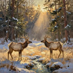 winter forest meadow, wild elk, creek, radiant light, warm, oil on canvas, artstation, albert bierstadt