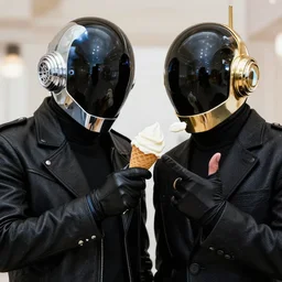 daft punk tries to eat an ice cream cone.