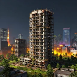 a beautiful photorealistic highly detailed building industrial architecture urbex architecture unfinished building abandoned town city nature by bjarke ingels, futuristic retrowave vice city san andreas evil fantasy tokyo nightsky meadow thermal vision, archdaily, wallpaper, highly detailed, trending on artstation.
