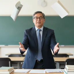 professor throwing books at the camera