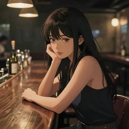 a beautiful girl with long dark hair, sitting alone at a bar, night time, sharp focus, intricate, digital painting, artstation, official media, anime key visual, highly detailed, rich vivid colors, ambient lighting, illustration, art by Artgerm, Makoto Shinkai, Ilya Kuvshinov, Lois Van Baarle, and Rossdraws