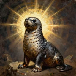 medieval portrait of a seal!! with the body of a man, realistic, oil painting, historical, animism