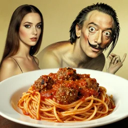 photo, bizarre compositions, blend of perfect woman bodies, spaghetti bolognesa, meatballs by dali, exquisite detail