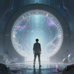 man standing before an interdimensional warp gate, concept art by greg rutkowski and dan mumford, dreamy, ethereal, highly detailed, trending on artstationhq