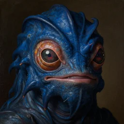 close up portrait of a mutant monster creature with face in the shape of a colorful exotic dark blue carnivorous plant, snail - like protruding eyes. by jan van eyck, audubon