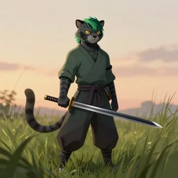 grey anthropomorphic panther human, green and black hair, wielding a katana, wearing ninja clothes, standing in tall grass, at dawn, artstation, fantasy