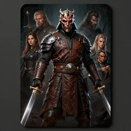 rugged darth maul with leather armor and two medieval metal swords, dim light, front game card, dark, intricate, highly detailed, smooth, artstation, digital illustration by ruan jia and mandy jurgens and artgerm and wayne barlowe and greg rutkowski and zdislav beksinski