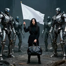 marina abramovich on horsebag, holding a white flag, surrounded by t-1000's, in a dystopian landscape, noir, High Definition detail, 8K, super wide lens