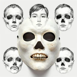 skin and bones mask design, character sheet, Moebius, Greg Rutkowski, Zabrocki, Karlkka, Jayison Devadas, Phuoc Quan, trending on Artstation, 8K, ultra wide angle, zenith view, pincushion lens effect.