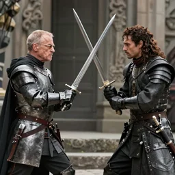 walter white and gustavo fring dress like a knights from game of thrones, dueling with swords, cinematic, highly - detailed, 8 k, hbo, game of thrones, realistic