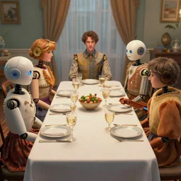 a table dinner of android robots where robots are dressed like the characters from the midsommar movie, no human, realistic detailed digital art by maxwell boas jessica rossier christian dimitrov anton fadeev trending on artstation cgsociety rendered in unreal engine 4 k hq