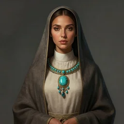 woman tan skin, priestess, cleric robes, turquoise jewelry, karol bak, donato giancola, digital art, ambient lighting, studio lighting,
