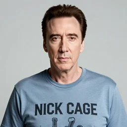 sharp portrait of nick cage wearing a tshirt with nick cage wearing a tshirt with nick cage print lost in liminal space, zeiss lens, aperture 1. 2