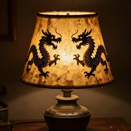 a glowing lamp rustic and old looking with worn feel, lamp shade has dragons on it with are silhouetted because of the light, hyper detailed and realistic