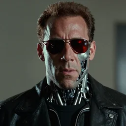 Film still of vin diesel as The Terminator in The Terminator (1984 movie) with a menacing red glow in his sunglasses, half exoskeleton exposed face, 4k, photorealistic, a bit blurry, film grain