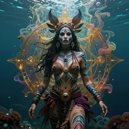 a centered full body photo of alluring festival hippies with tribal paintings surrounded by a underwater ink pour and flowing liquid galium and sacred geometry, perfect face, powerful, cinematic, beautifully lit, by artgerm, by karol bak, by viktoria gavrilenko, 3 d, trending on artstation, octane render, 8 k