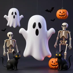 2d classic halloween decorations, ghost, skeletons, black cats, high detail, in the style of Beistle studio lighting