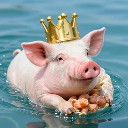 pig wearing a gold crown swimming in bag of pork rinds