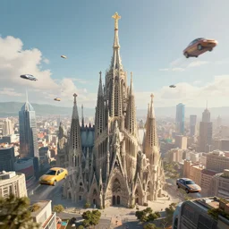 A futuristic cityscape with flying cars everywhere, dominated by the massive tower of a cathedral.