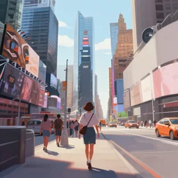 i walk in new york near time square, volumetric lighting, summer, late morning, clear weather, few clouds, realistic illustration, perfectly shaded, soft painting, art by krenz cushart and wenjun lin