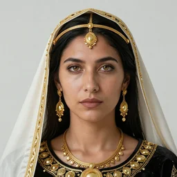 realistic detailed portrait of a female cleric of Romani descent, black hair, golden eye, golden jewellery