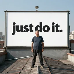 of a middle aged man standing on a roof, in front of him an ad that says'just do it '. stock photo