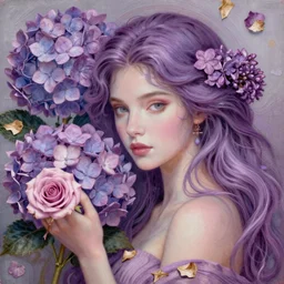 a lilac hair beautiful goddess of light, hydrangeas flowers, soft rose, and dried petals, painterly, methaphoric and ornamental, intricate and elegant, highly detailed photorealistic painting, decorative lines, sharp focus, 8 k, by tomasz alen kopera, h 7 2 4