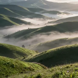 open field of teeth, rolling hills, mist, valley, downhill