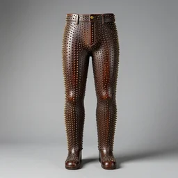 ultra realistic photograph of a a old wooden sculpture object of a pants made of dark old cherry wood, covered with tiny brass spikes on a grey background, centered composition, archival photography, metropolitan museum archival photo documentation, archaeology, 1 9 9 0, life magazine photo, neutral colors