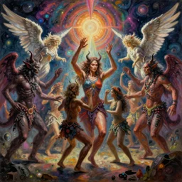 apocalyptic rave party with demons and angels dancing, painted by william blake but with a certain psychedelic style, psychdelic and cosmic art