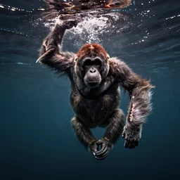 Orangutan swimming underwater, photograph