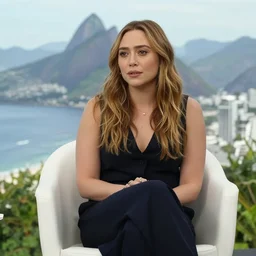 elizabeth olsen thinking about her life in a white chair in rio de janeiro