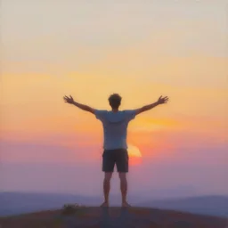 a man standing watching the sunset, arms and legs open, behance, dream, acrylics, soft colour, featured