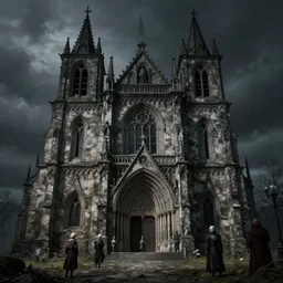 A poor looking medieval church by Greg Rutkowski, Sung Choi, Mitchell Mohrhauser, Maciej Kuciara, Johnson Ting, Maxim Verehin, Peter Konig, Bloodborne, 8k photorealistic, cinematic lighting, HD, high details, dramatic, dark atmosphere, trending on artstation