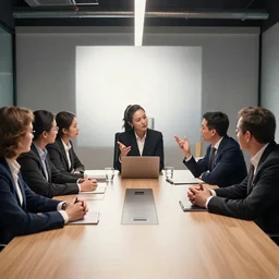 a long shot, color studio photographic of a well designed conference meeting room with several business persons actively discussing and expressing various opinions, dramatic backlighting, photo from business insider 2 0 1 9, ultra realistic
