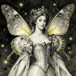 portrait of faerie queen with butterfly wings, elegant, regal, intricate, fireflies in background, highly detailed, digital painting, artstation, concept art, sharp focus, painterly ink illustration, art by artgerm and greg rutkowski and alphonse mucha