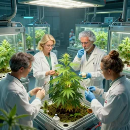 highly detailed digital art, cg society, scientists growing cannabis plants in a hydroponics lab on the nostromo, artstation, diverse