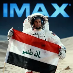 kurdish astronaut holding a iraqi kurdistan flag in a movie directed by christopher nolan, movie still frame, promotional image, imax 7 0 mm footage