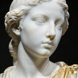 close up of face of female fashion model, white marble by auguste rodin, gold plated, versace dress, highly detailed