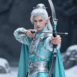 half length portrait of a handsome male snow elf in a turquoise cape and silver ornate armour as an archer, albino skin, pointy ears, winter vibes, perfect face, elegant, very coherent symmetrical artwork, atmospheric lighting, rule of thirds, by wenjun lin, krenz cushart, charlie bowater, trending on artstation