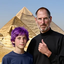 steve jobs and a boy with purple hair in front of the pyramids, hyperrealism, intricate, 8 k, high detail