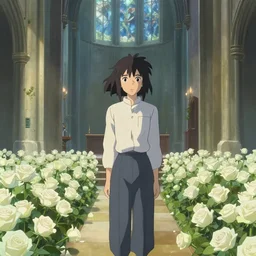 in the church full of white roses, by mikko lagerstedt and makoto shinkai, trending on artstation, 8 k,